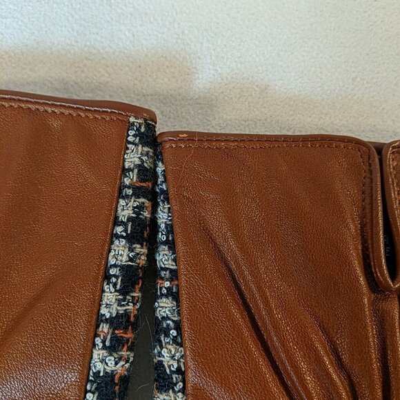 Kenneth Cole Leather Wool Gloves Brown Plaid Tweed Black Women's M Medium Lined - Picture 5 of 10